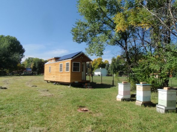 Our tiny house Soleil in its new spot in Fort Collins- near the bee hives and horses